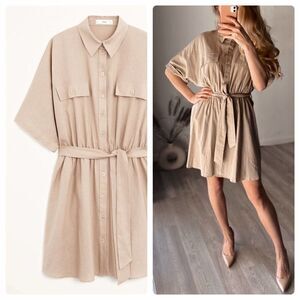 Mango Linen Blend Belted Dress Pockets New